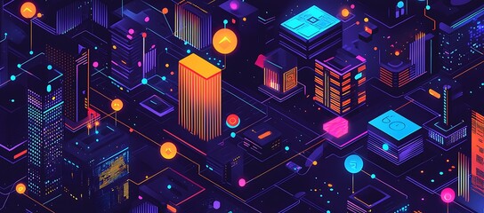 Poster - Neon-lit isometric cityscape, vibrant digital architecture, interconnected buildings.