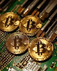 Poster - Golden Bitcoin Cryptocurrency Coins on a Circuit Board