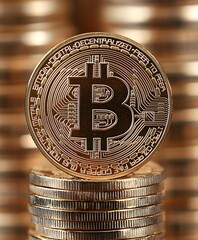 Poster - Gold Bitcoin Coin Resting Atop Stack of Similar Coins