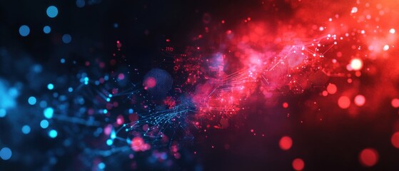 Poster - Abstract digital network with red and blue glowing particles, representing data flow, technology, and futuristic concepts in a dark background