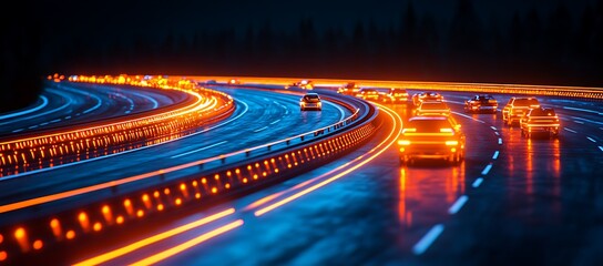 Poster - Night Highway: Cars Streaming Through Neon-Lit Curves