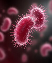 Poster - Microscopic View of Two Red Bacteria with Spikes, Surrounded by Blurred Cells