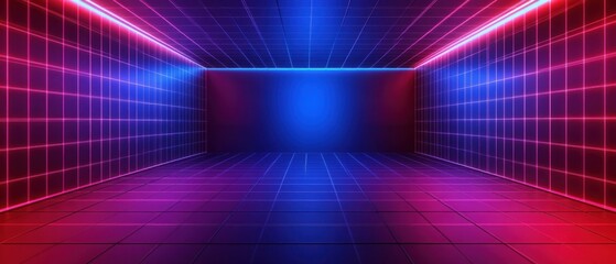 Wall Mural - abstract futuristic empty room with neon grid lines and vibrant blue and pink lighting, creating a r
