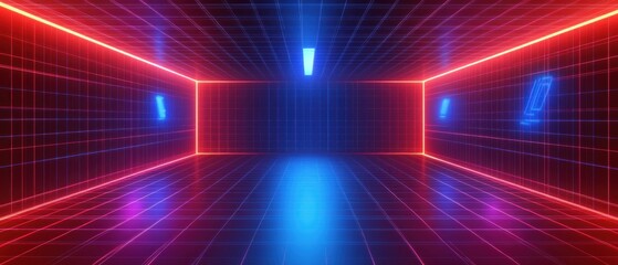 Wall Mural - abstract futuristic neon grid room with red and blue glowing lines and geometric shapes, concept of 