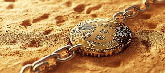 Poster - Golden Bitcoin chained and resting on textured sand.