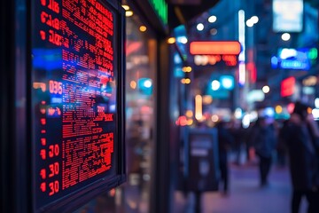 Poster - Illuminated Nighttime Cityscape with Red LED Display Showing Data