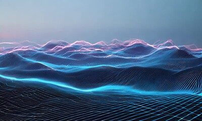 Futuristic digital landscape with neon blue and pink waves. Abstract technology background, AI visualization, or cyber data flow concept with dynamic light motion.