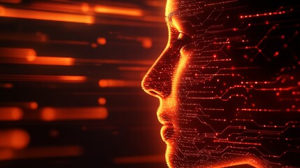 Poster - Futuristic profile of a human face illuminated by glowing circuitry against a dark background