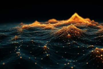 Fototapete - Illuminated peaks rise from a dark, interconnected network, creating a futuristic and abstract landscape