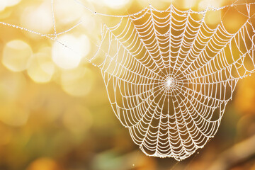 Poster - Dew-covered spiderweb glistens in the morning sun with intricate patterns and soft bokeh background