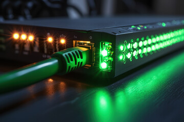 Poster - Close-up view of a green Ethernet cable connected to a router with glowing LEDs showcasing network activity and data transmission