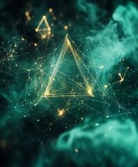 Poster - Golden Geometric Triangle in Teal Nebula, Abstract Network