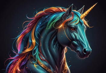  An image of a unicorn with a bright mane, illuminated by rays of light, creating a fantastic atmosphere and a feeling of a fairy-tale world
