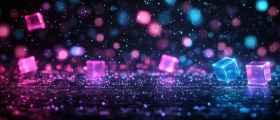 Wall Mural - abstract glowing cubes floating in a dark space with bokeh lights, creating a futuristic and magical