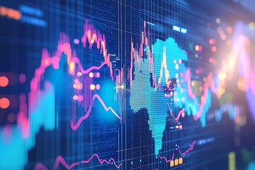 Poster - Global Stock Market Data Visualization: Neon-Colored Graphs and Charts on a Digital Screen