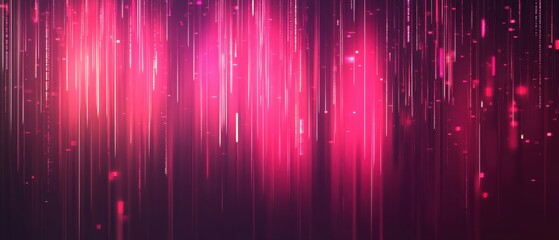 Abstract pink and purple digital data stream with glowing lines and code fragments, concept of technology, data processing, and futuristic background