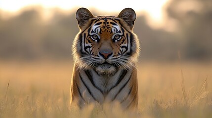  Majestic tiger in tall grass at sunset; wildlife conservation