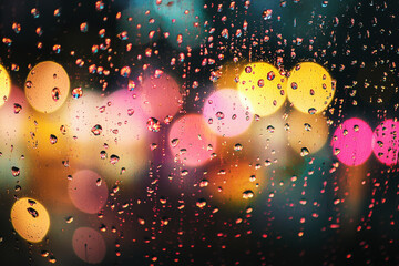 Poster - Close-up view of raindrops on clear glass reflecting soft light in a moody setting