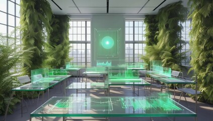 Poster - lush greenery enveloping glass desks with holographic data visualizations highlights the fusion of n