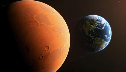 mars, the red planet with detailed surface features and craters in deep space. blue earth planet in 
