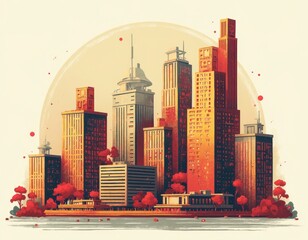 Poster - Illustration of a City Skyline with Trees and Flowers in the Foreground