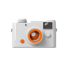 Poster - The image shows a 3D rendering of a minimalist white camera with bright orange accents on the lens and buttons.