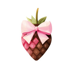 Poster - A stylized illustration of a chocolate strawberry adorned with a pink ribbon bow.