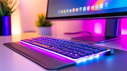 Poster - Modern workspace featuring a sleek computer setup with colorful lighting and vibrant plants