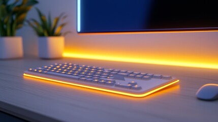 Poster - Modern workspace featuring a sleek illuminated keyboard and mouse with vibrant background lighting