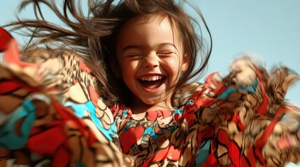 joyful caucasian child with flowing hair in colorful dress against blue sky