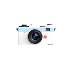 Poster - The image shows a front view of a stylish white and light blue camera with a black lens.