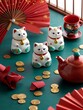 © rfassets - Maneki Neko Lucky Cat Figurines on Teal Background with Red Teapot and Paper Fans