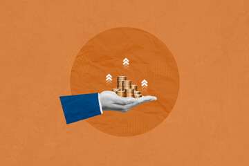 Wall Mural - Investment, finance, saving money and business strategy concept Creative art collage of A human hand show a coins stack growing business Indicating business profits or successful Investment