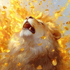 Poster - Dynamic lion roaring amidst golden flames fantasy art digital vivid imagery bold concept