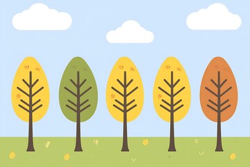 Poster - Four stylized trees showcasing autumnal color transitions against a light blue sky.