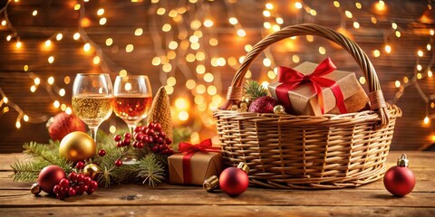 Wall Mural - A Rustic Christmas Still Life with a Basket of Gifts, Festive Decorations, and Sparkling Wine Glasses