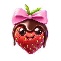 Aufkleber - A cartoon illustration of a happy strawberry covered in chocolate and topped with a pink bow.