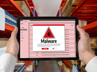 Poster - cyber attacking concept. malware alert showing on computer screen display scam and threat detection 