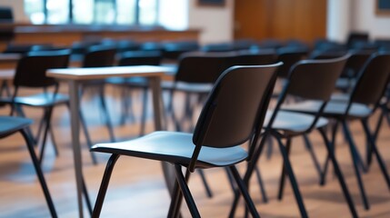 Poster - Empty Classroom Setting with Rows of Black Chairs and Natural Lighting : Generative AI