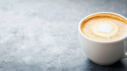 Poster - Warm Cappuccino Coffee in White Cup on Textured Gray Background with Latte Art : Generative AI