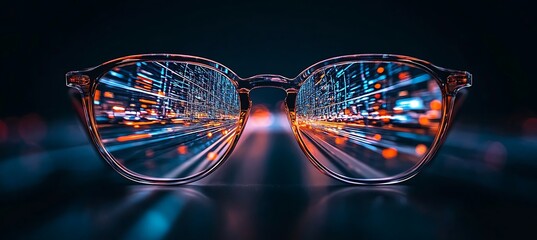 Poster - Transparent Eyeglasses Reflecting a Vibrant, Motion-Blurred City Nightscape