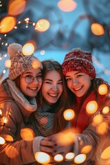 Wall Mural - A Three cheerful women spends Christmas holidays together