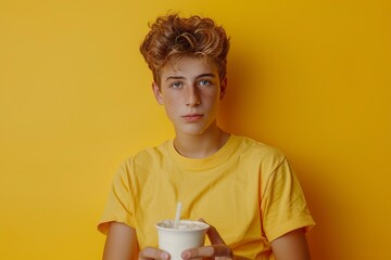 Wall Mural - A young posing elegantly in front of the camera with yellow t-shirt