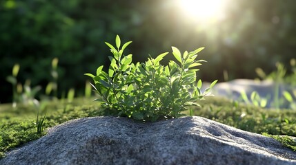 Aufkleber - Sunlit Seedling Growing from Rock in Lush Green Forest Environment : Generative AI
