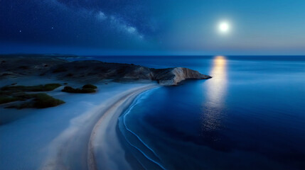 Wall Mural - beach with a body of water and a moon in the sky. minimalistic background.