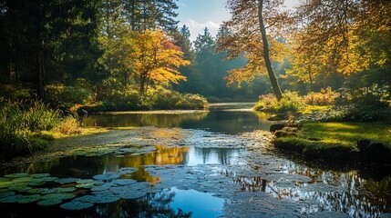 Poster - Serene Autumn Forest Reflections on a Tranquil Pond With Lush Foliage and Blue Sky : Generative AI