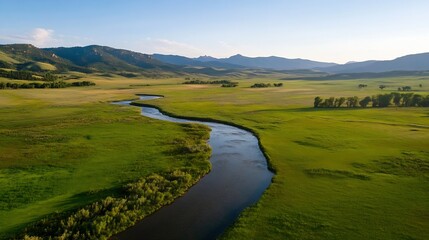 Poster - Meandering River Flowing Through Expansive Green Valley with Mountain Views : Generative AI