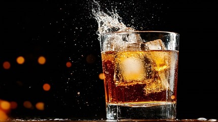 Poster - Splashing whiskey in glass against dark bokeh background captures movement and excitement : Generative AI