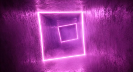 Poster - Abstract Purple Neon Tunnel Glowing Light Square Modern Digital Art Background 3d ray dark pink beam
