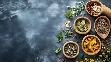 Poster - Rustic Culinary Background with Assorted Herbal Spices on Dark Stone Surface : Generative AI
